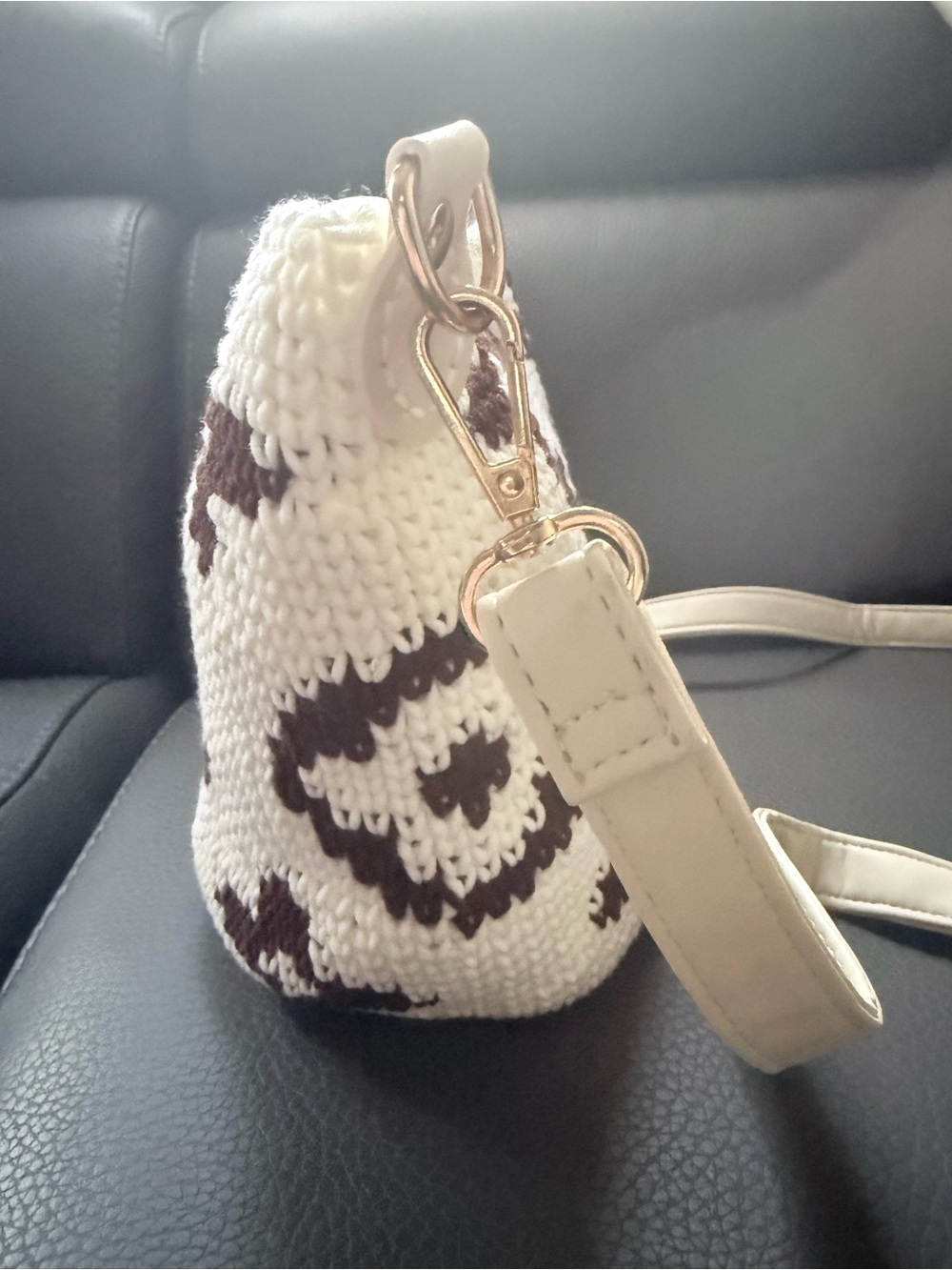Handmade White and Brown Knit Crossbody Bag with Gold Hardware